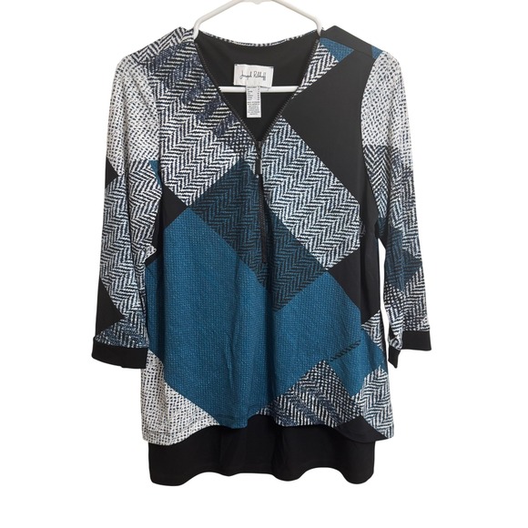 Joseph Ribkoff Tops - Joseph Ribkoff Womens 6 Geometric Patchwork Zipper V-Neck Tunic Top Teal Black